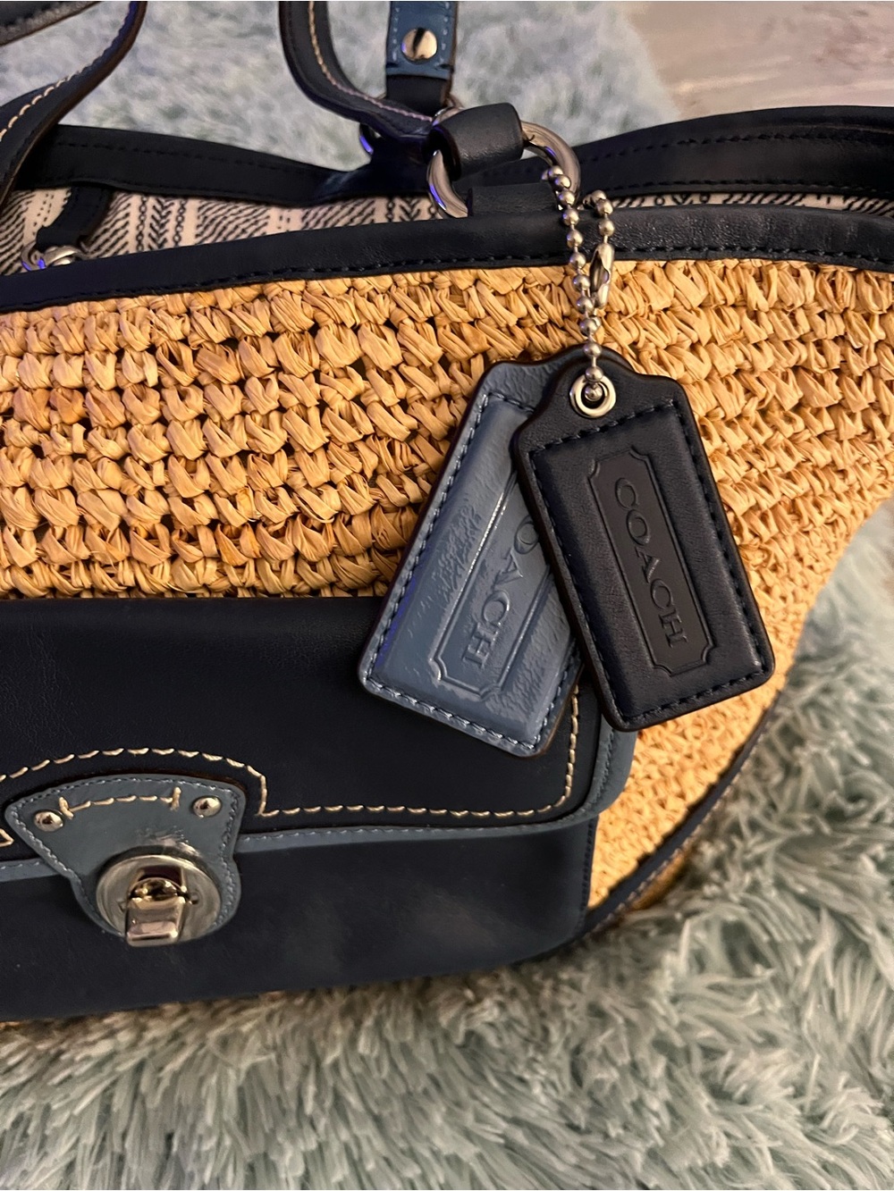 Coach Straw & Leather Legacy Resort Tote Bag w Contrasting Blues EUC - Picture 3 of 13